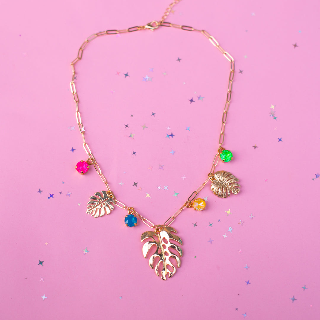 Monstera Charm Paperclip chain Necklace (Tropical Kaleidoscope)