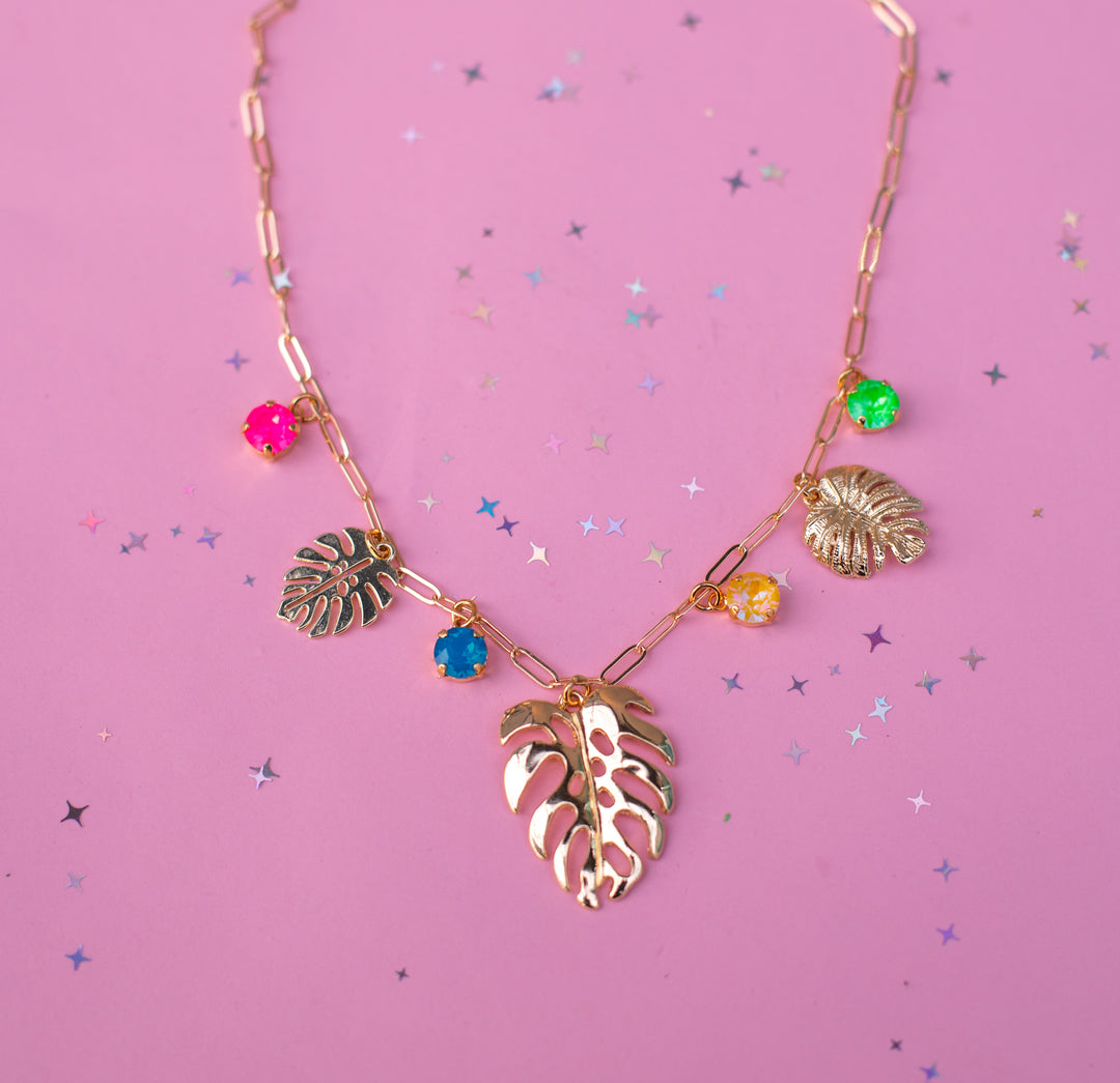Monstera Charm Paperclip chain Necklace (Tropical Kaleidoscope)