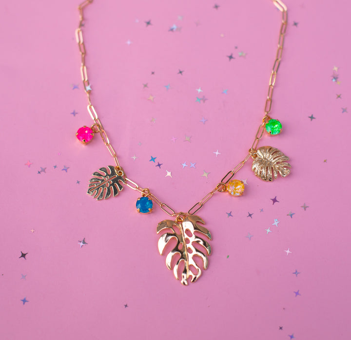 Monstera Charm Paperclip chain Necklace (Tropical Kaleidoscope)