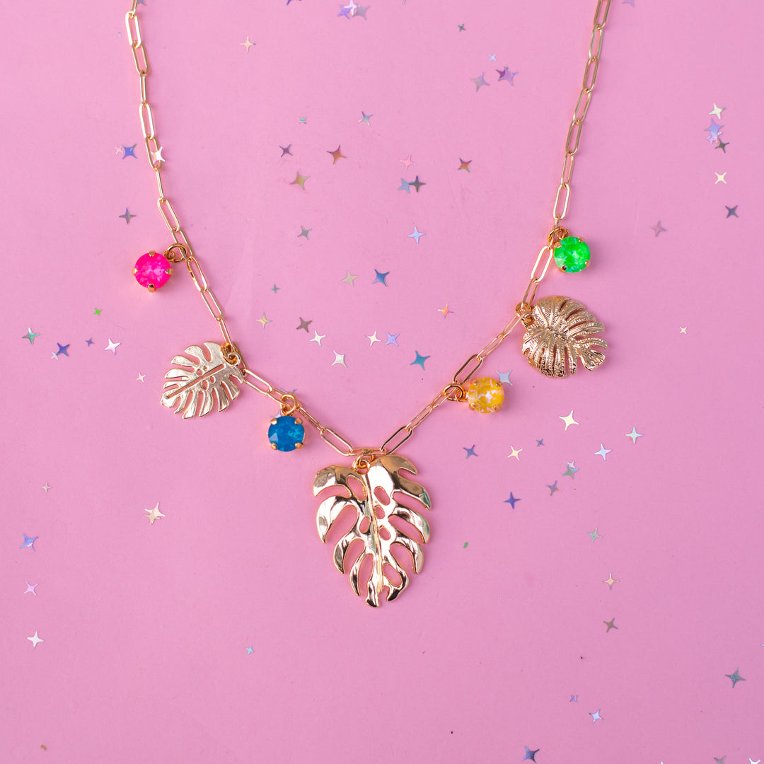 Monstera Charm Paperclip chain Necklace (Tropical Kaleidoscope)