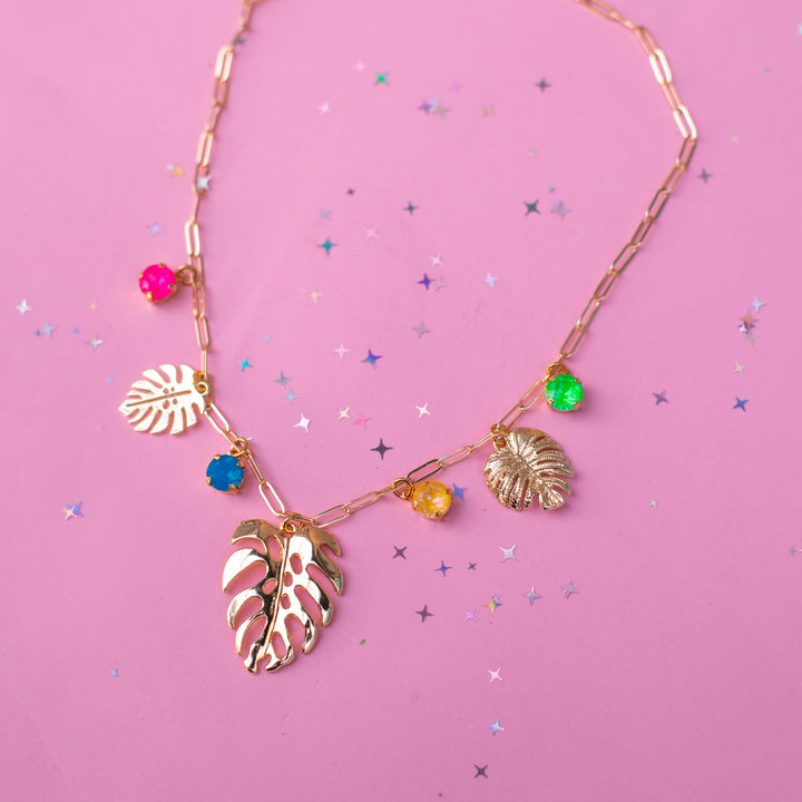 Monstera Charm Paperclip chain Necklace (Tropical Kaleidoscope)