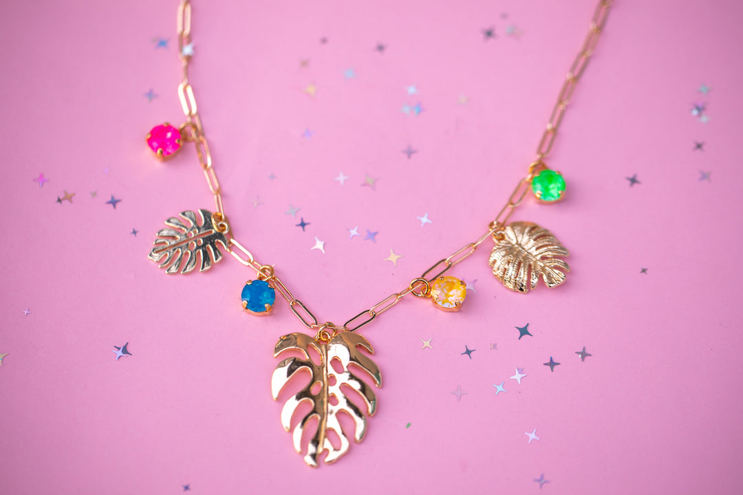 Monstera Charm Paperclip chain Necklace (Tropical Kaleidoscope)