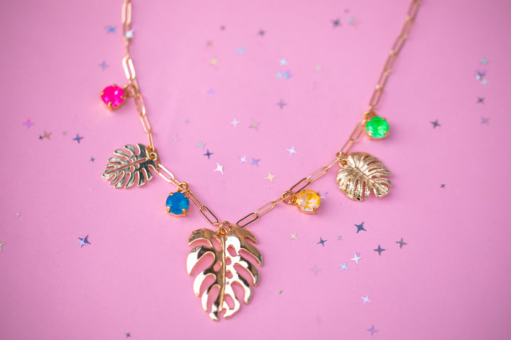 Monstera Charm Paperclip chain Necklace (Tropical Kaleidoscope)