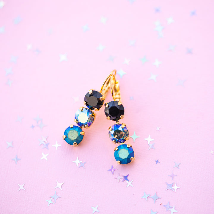 Moonlit Teal 8mm 3 stone Stud or Leverback Drop earrings