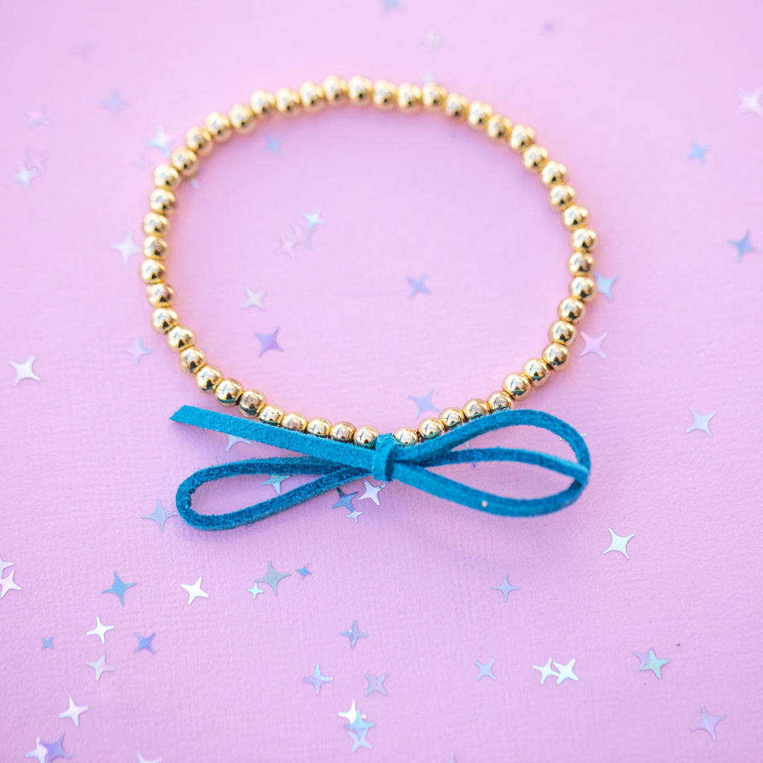 Suede Bow Stretch Beaded Bracelet - Choose setting Color (Moonlit Teal Colors)