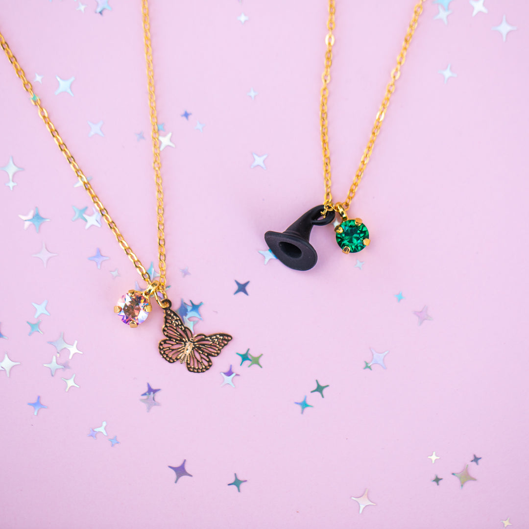 Black Hat Charm Necklace with 6mm Bright Clover Crystal -select color setting