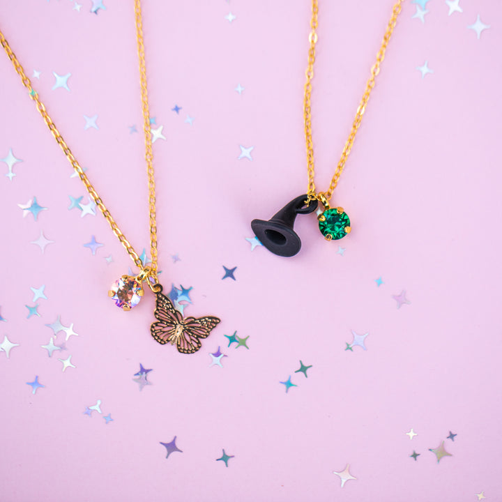 Black Hat Charm Necklace with 6mm Bright Clover Crystal -select color setting