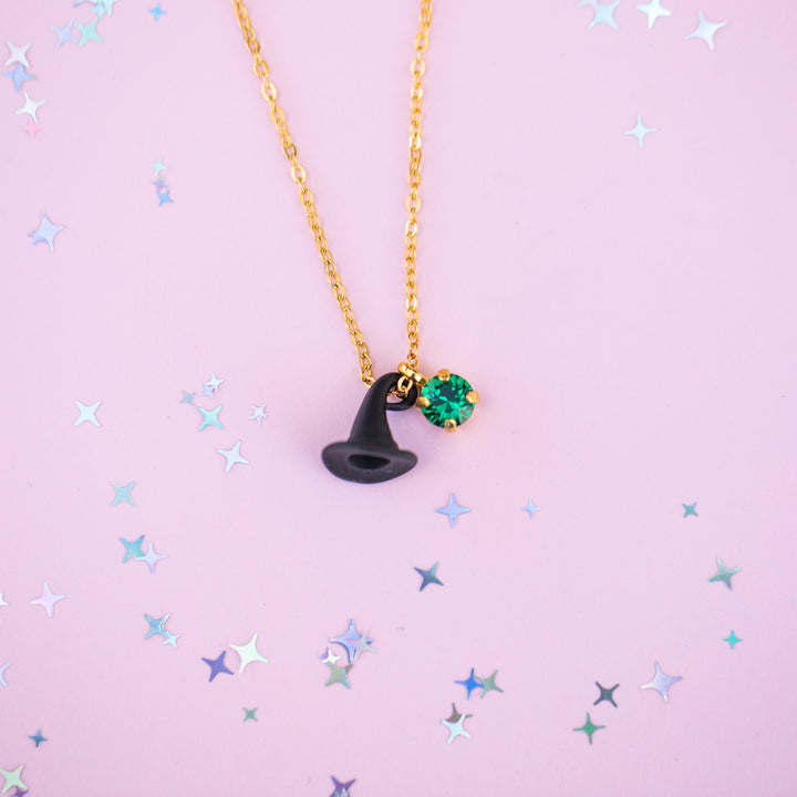 Black Hat Charm Necklace with 6mm Bright Clover Crystal -select color setting