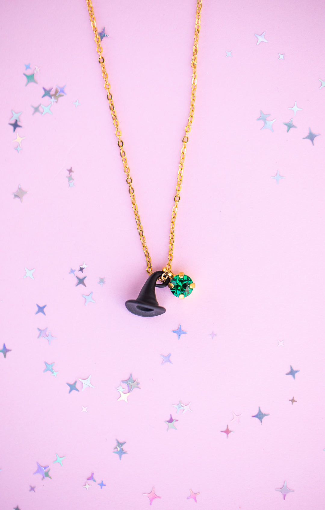 Black Hat Charm Necklace with 6mm Bright Clover Crystal -select color setting