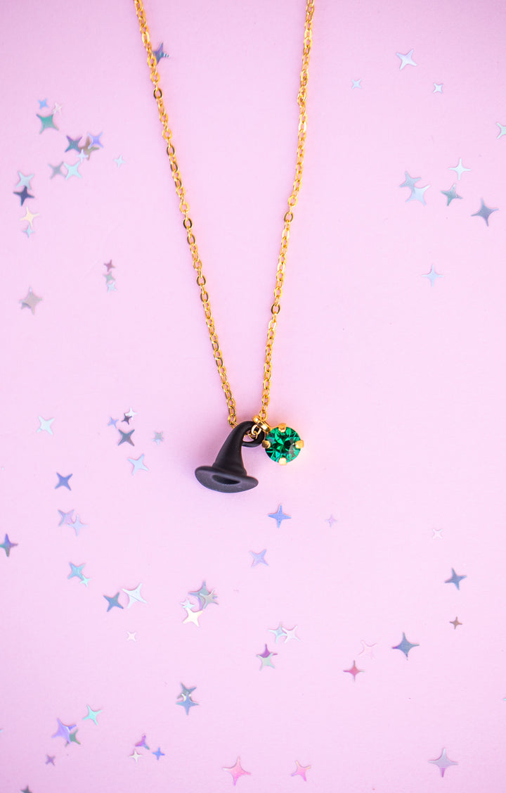 Black Hat Charm Necklace with 6mm Bright Clover Crystal -select color setting
