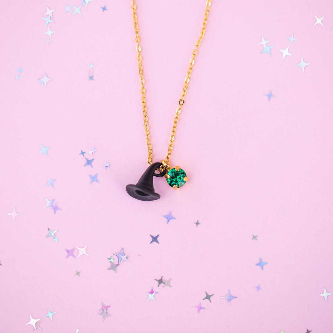 Black Hat Charm Necklace with 6mm Bright Clover Crystal -select color setting