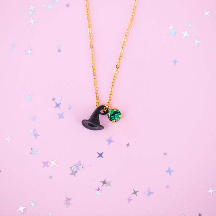 Black Hat Charm Necklace with 6mm Bright Clover Crystal -select color setting