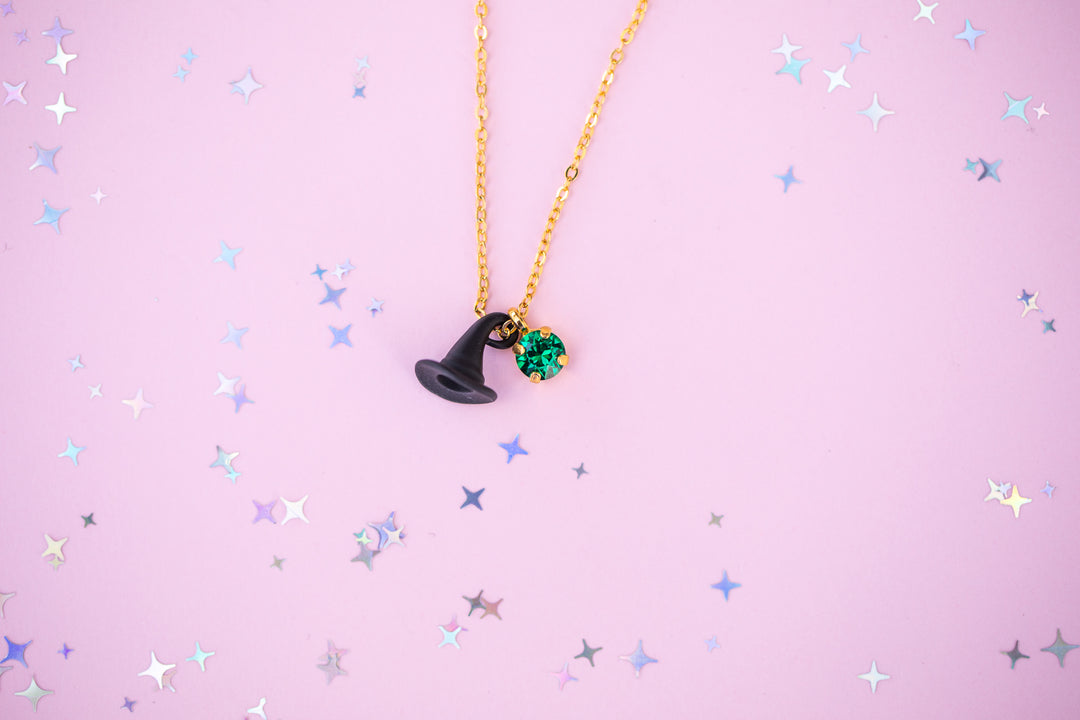 Black Hat Charm Necklace with 6mm Bright Clover Crystal -select color setting