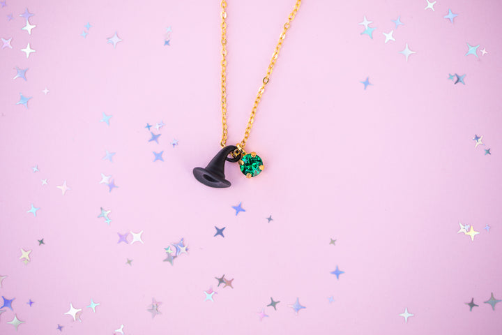 Black Hat Charm Necklace with 6mm Bright Clover Crystal -select color setting