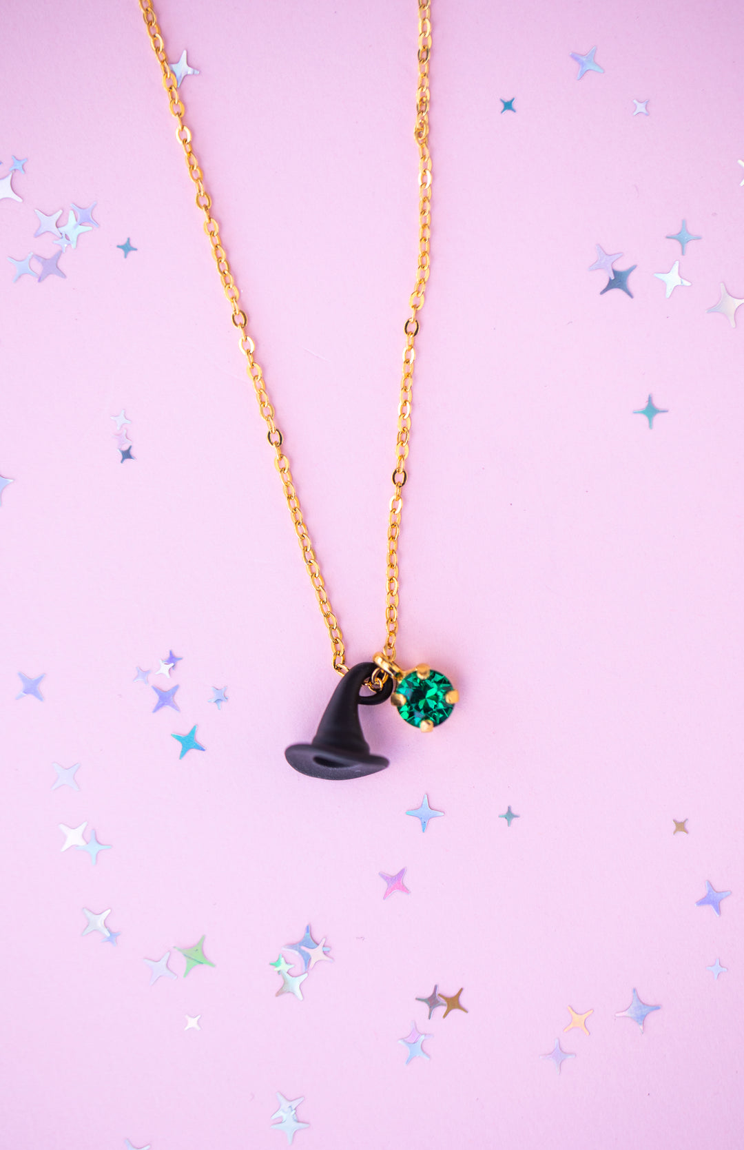 Black Hat Charm Necklace with 6mm Bright Clover Crystal -select color setting