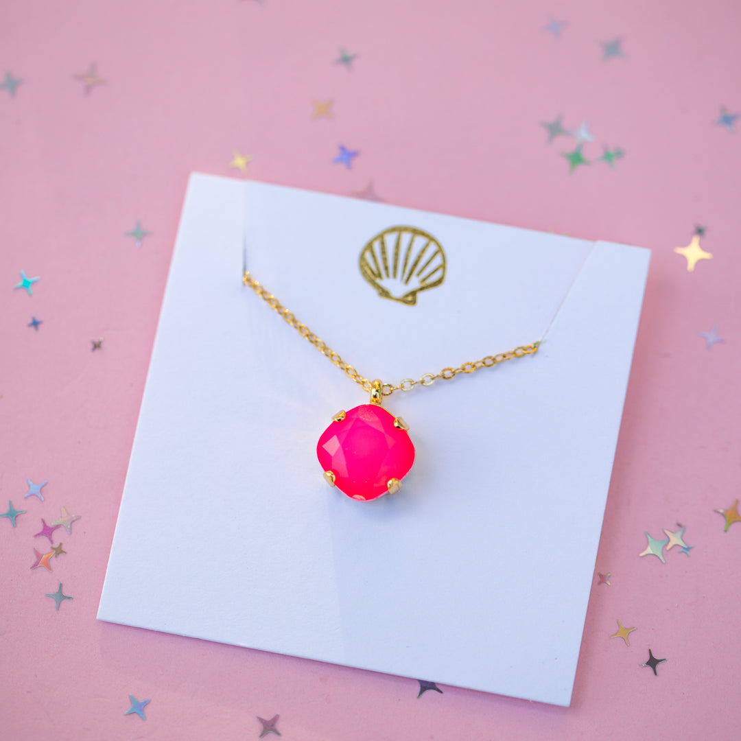 12mm Cushion Cut Necklace - Neon Pink Cloud (GOLD SETTING)