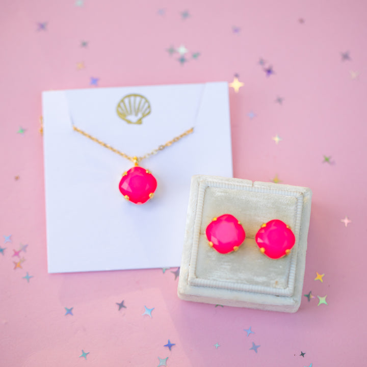 12mm Cushion Cut Necklace - Neon Pink Cloud (GOLD SETTING)
