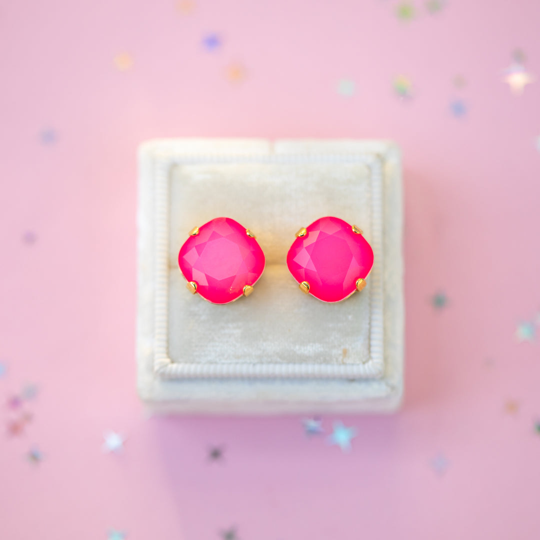 12mm Cushion Cut Earrings (Neon Pink Cloud)