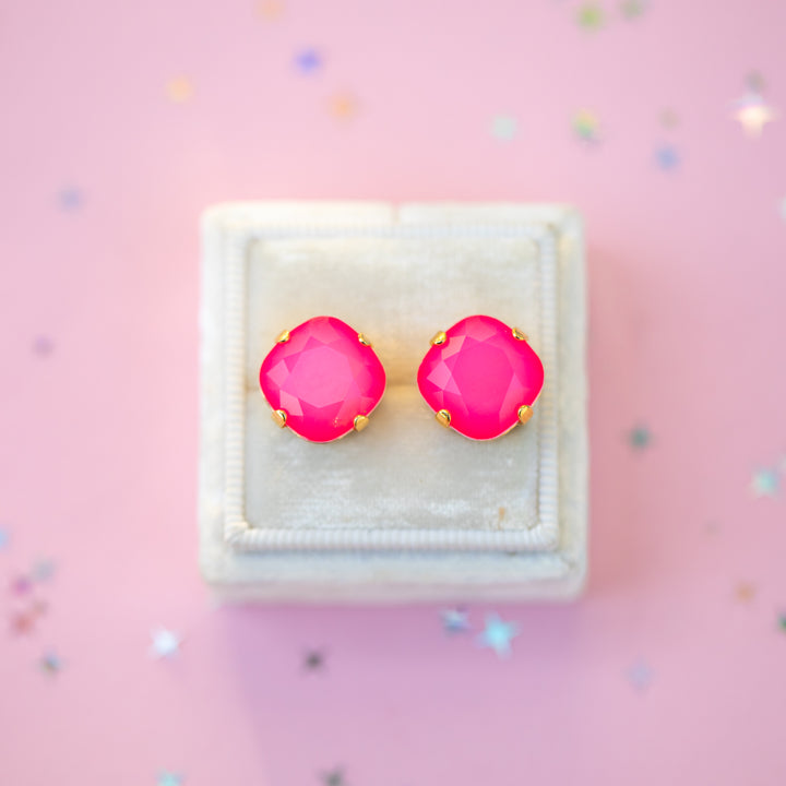12mm Cushion Cut Earrings (Neon Pink Cloud)