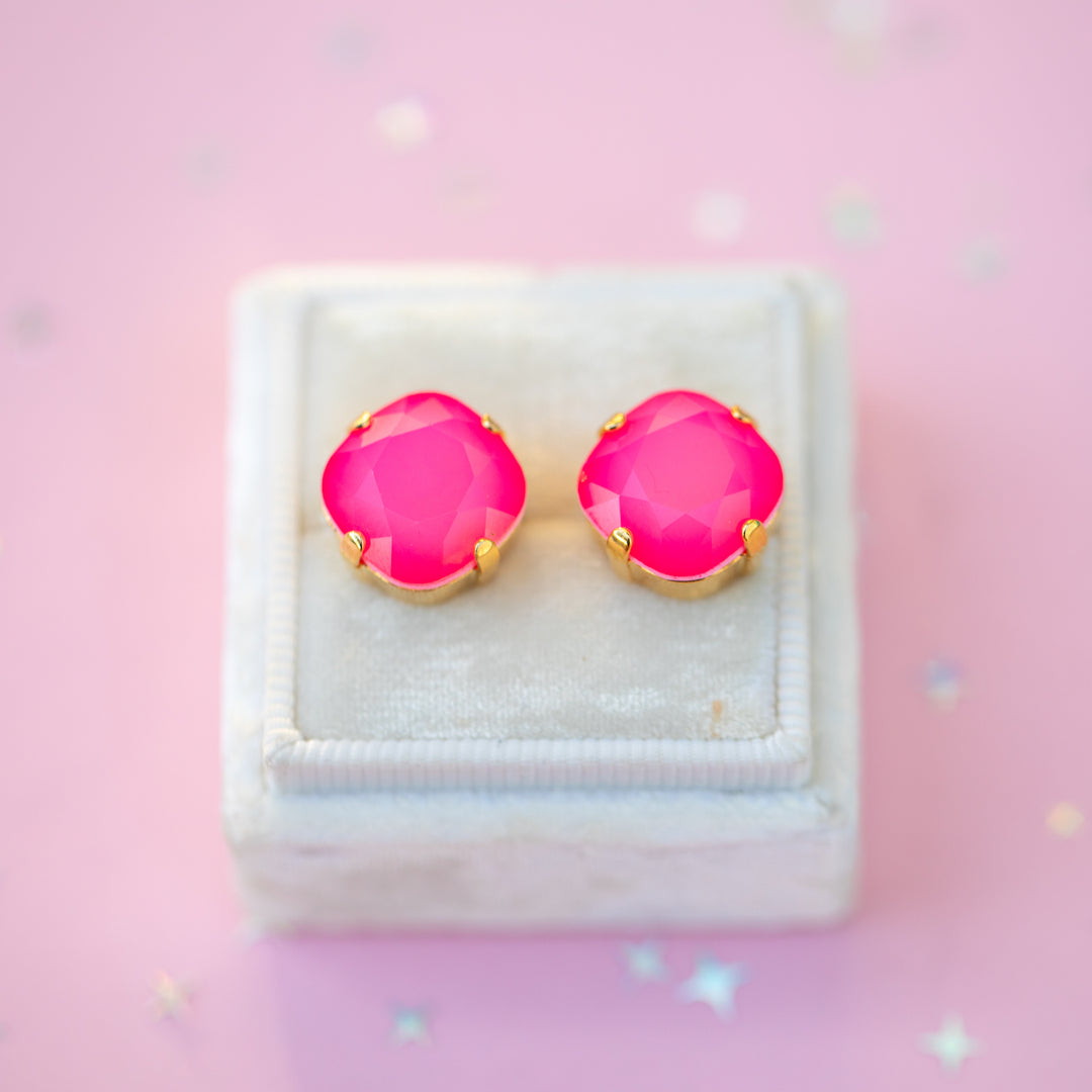 12mm Cushion Cut Earrings (Neon Pink Cloud)