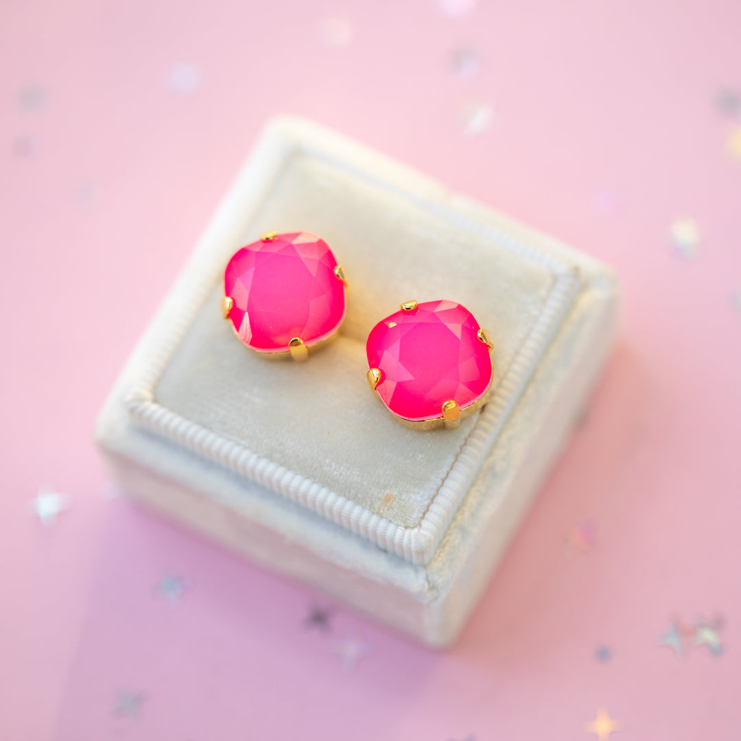 12mm Cushion Cut Earrings (Neon Pink Cloud)