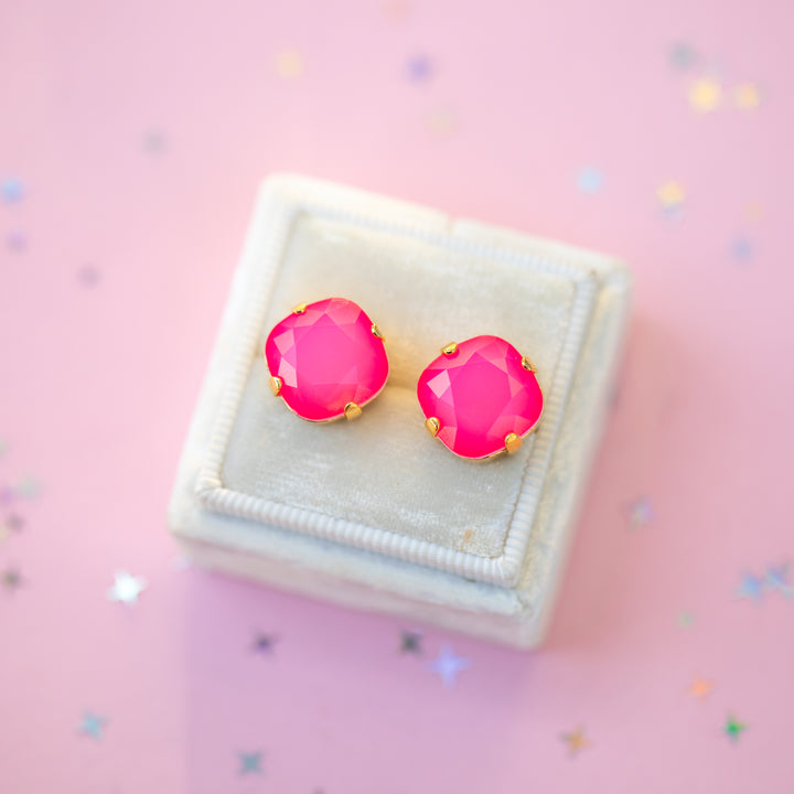 12mm Cushion Cut Earrings (Neon Pink Cloud)