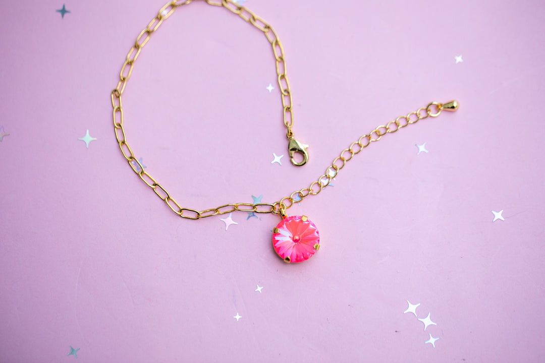12mm Rivoli Paperclip Chain Bracelet OR Anklet - Choose setting Color (Neon Watermelon Delite)