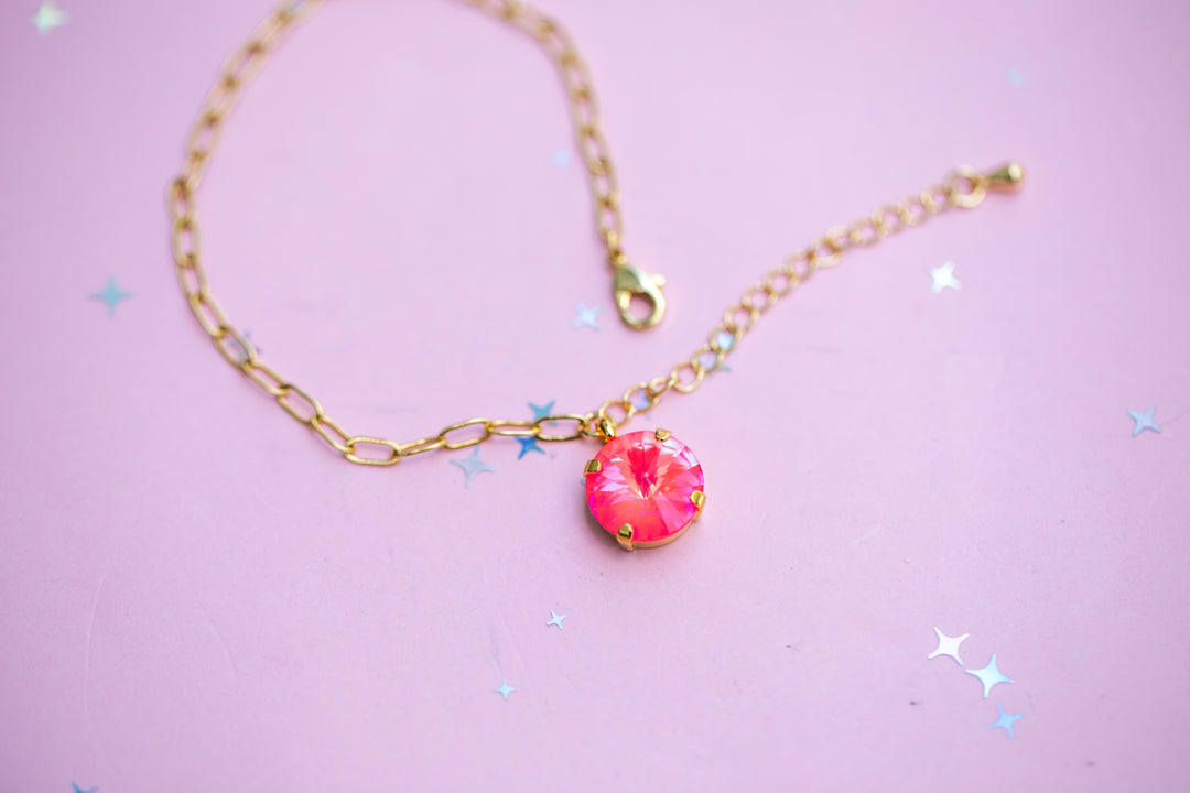 12mm Rivoli Paperclip Chain Bracelet OR Anklet - Choose setting Color (Neon Watermelon Delite)