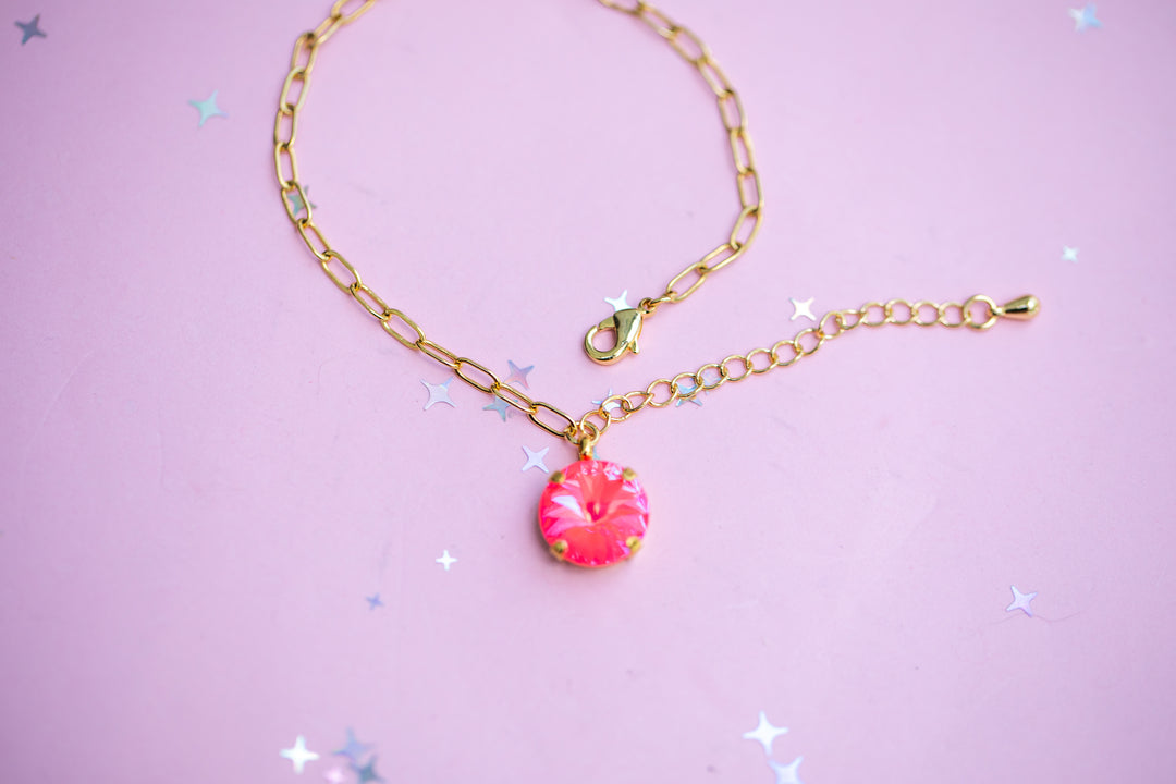 12mm Rivoli Paperclip Chain Bracelet OR Anklet - Choose setting Color (Neon Watermelon Delite)