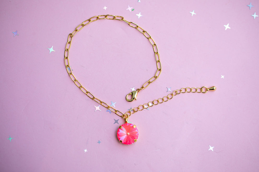 12mm Rivoli Paperclip Chain Bracelet OR Anklet - Choose setting Color (Neon Watermelon Delite)