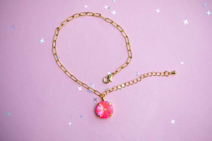 12mm Rivoli Paperclip Chain Bracelet OR Anklet - Choose setting Color (Neon Watermelon Delite)