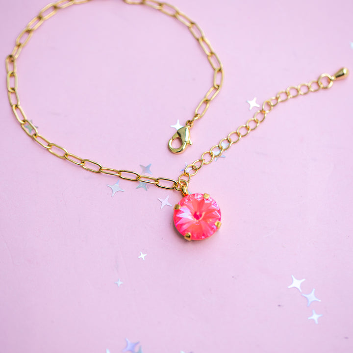 12mm Rivoli Paperclip Chain Bracelet OR Anklet - Choose setting Color (Neon Watermelon Delite)