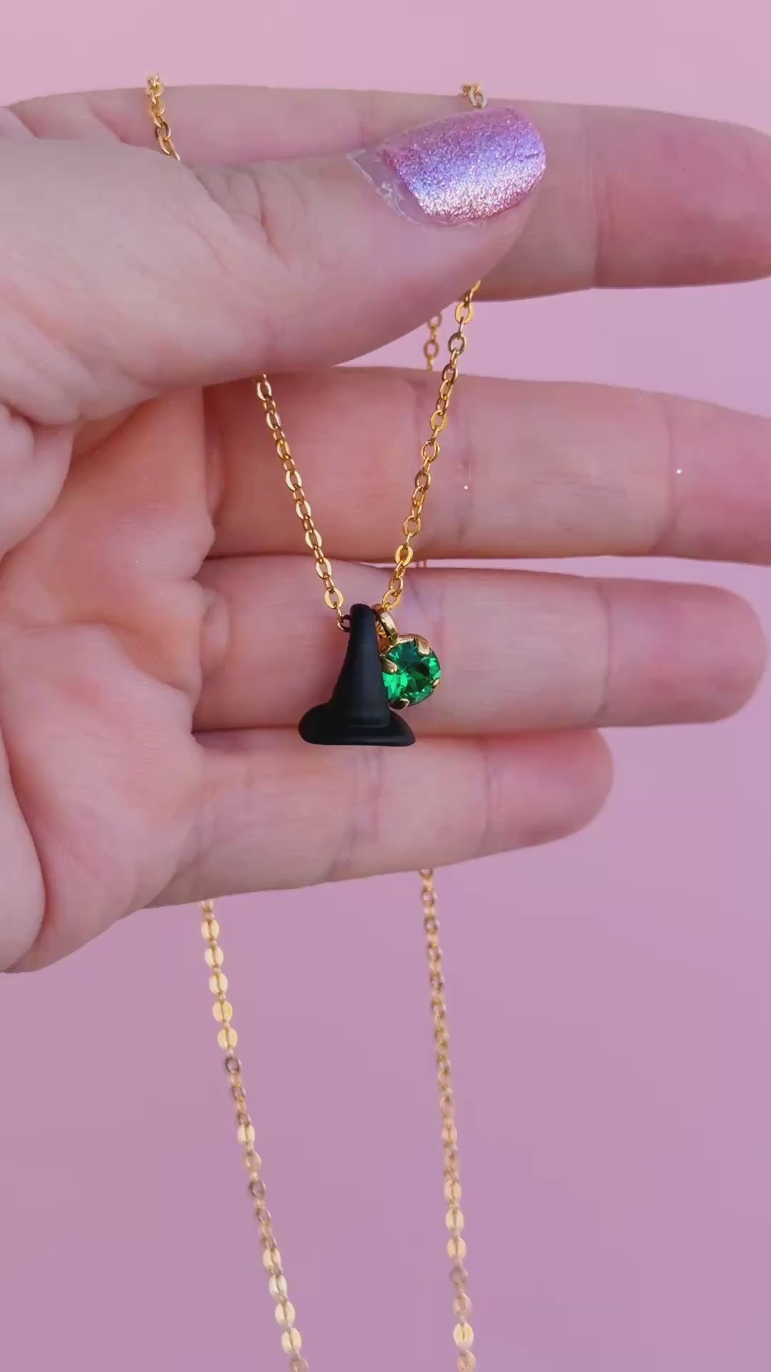 Black Hat Charm Necklace with 6mm Bright Clover Crystal -select color setting
