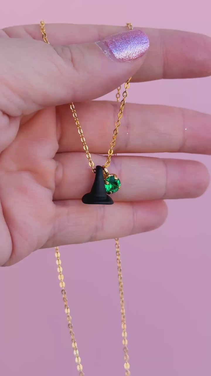 Black Hat Charm Necklace with 6mm Bright Clover Crystal -select color setting