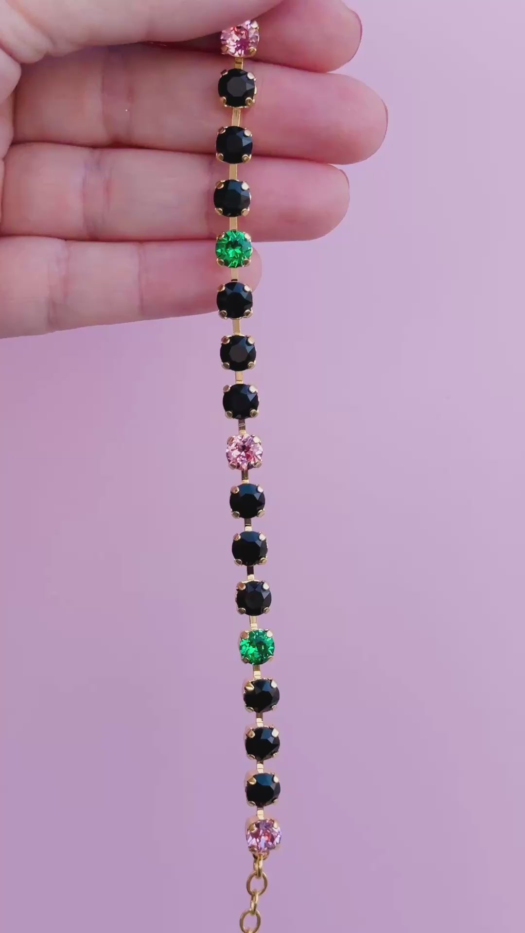6mm Crystal Bracelet: Jet with Pink and Green