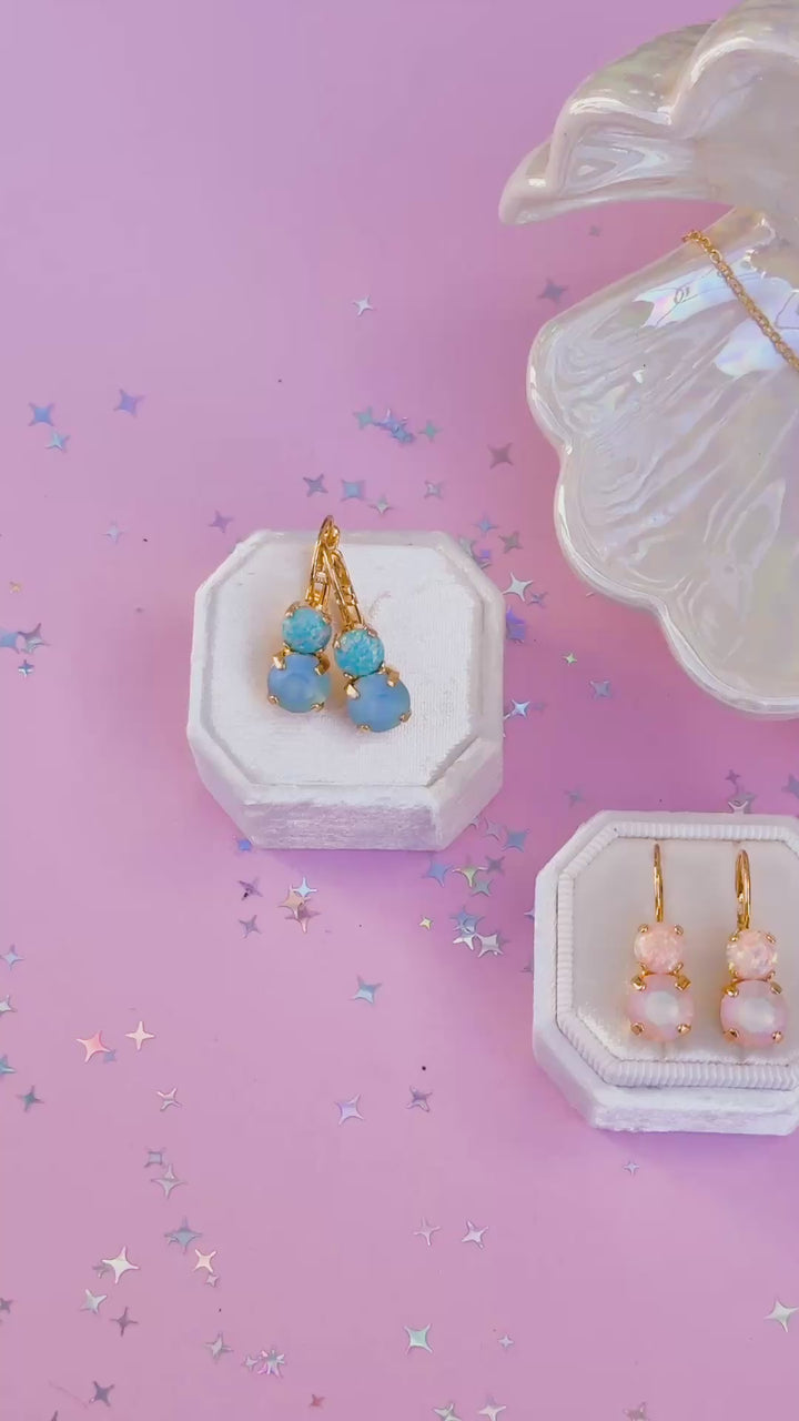 8/6mm Opal Drop Earrings: Imagination Rainbow Apricot Opal and Lt Peach Frost