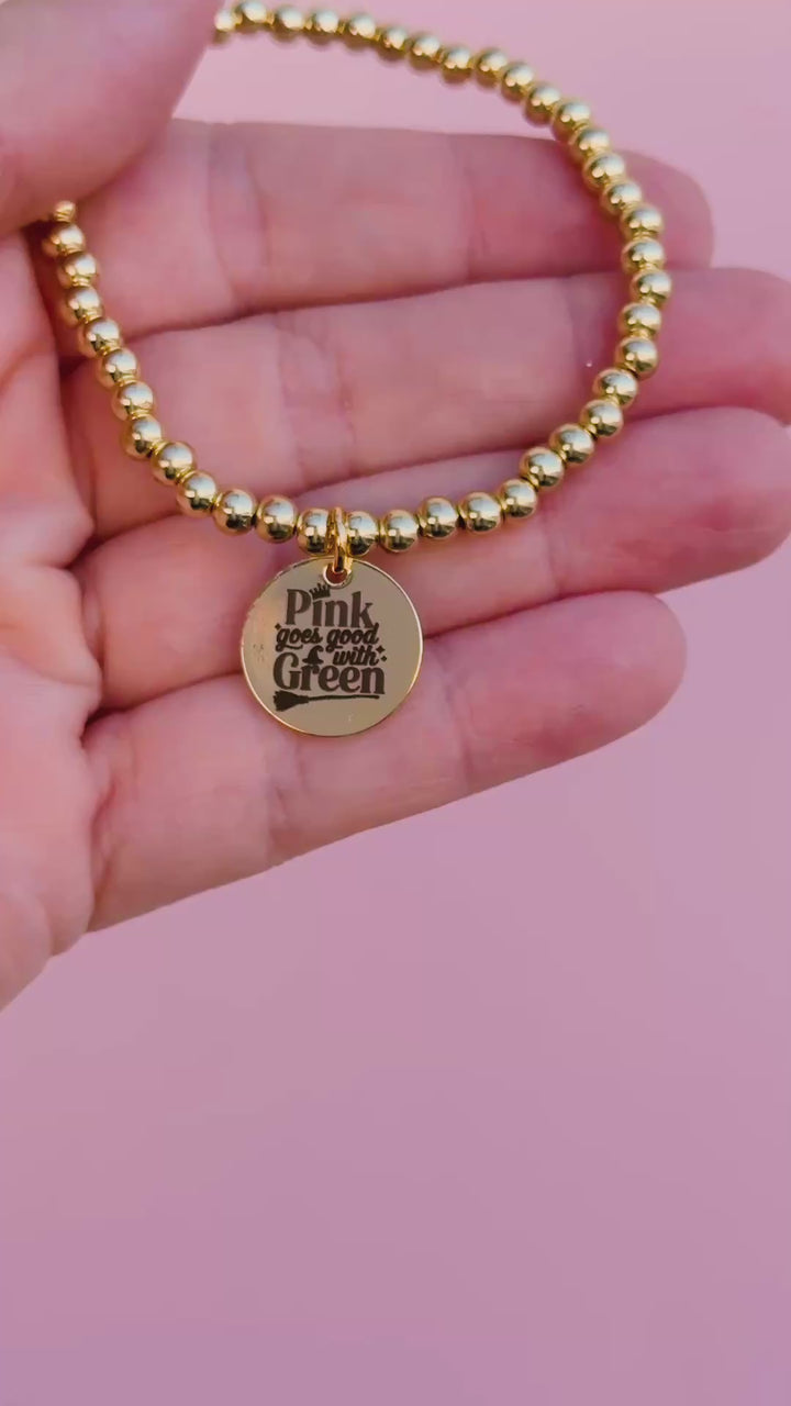 Round Charm Stretch Beaded Bracelet - Choose setting Color (Pink Goes Good with Green)