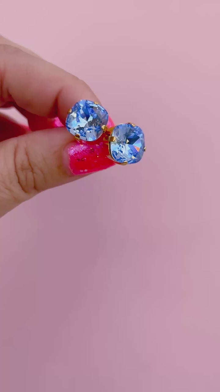 12mm Cushion Cut Stud OR Drop Earrings- Light Sapphire