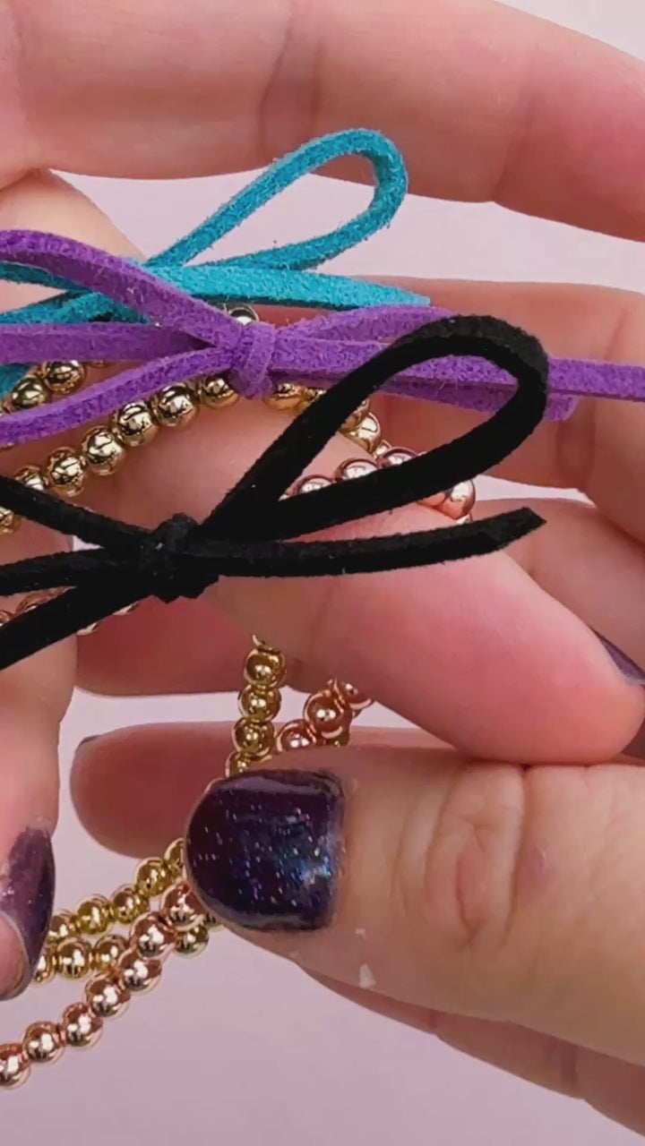 Suede Bow Stretch Beaded Bracelet - Choose setting Color (Moonlit Teal Colors)