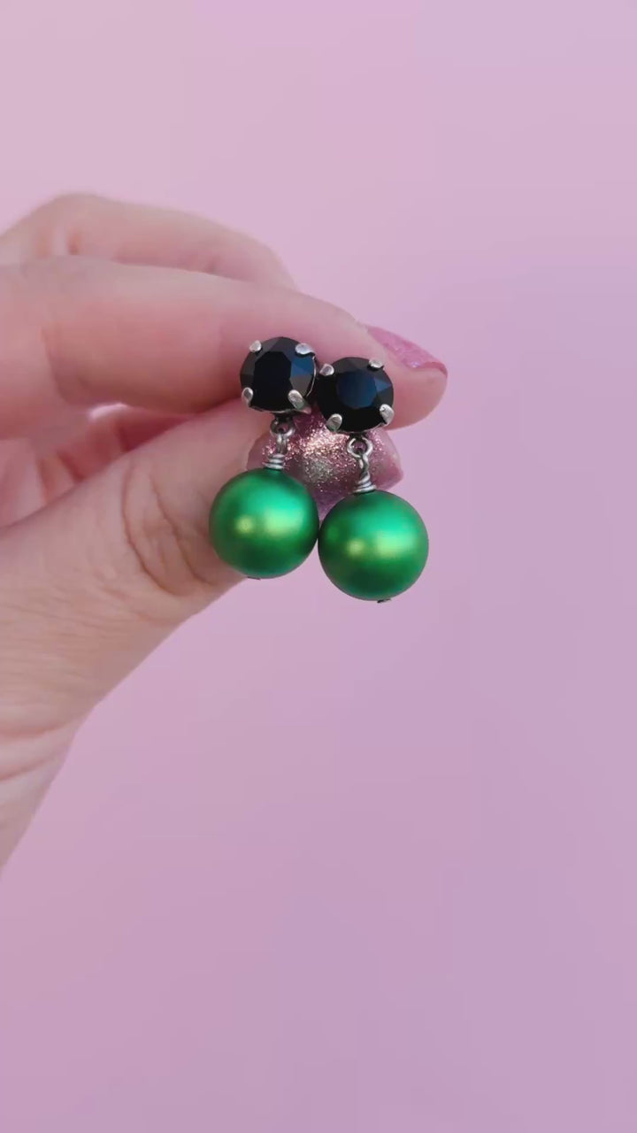 8mm Stud or Leverback Drop Earrings in Jet Black with a 12mm round Clover Pearl