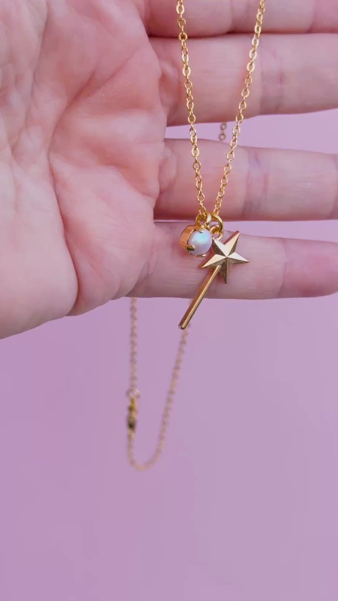 Wand Charm Necklace with 6mm Dreamy Pink Pearl -select color setting