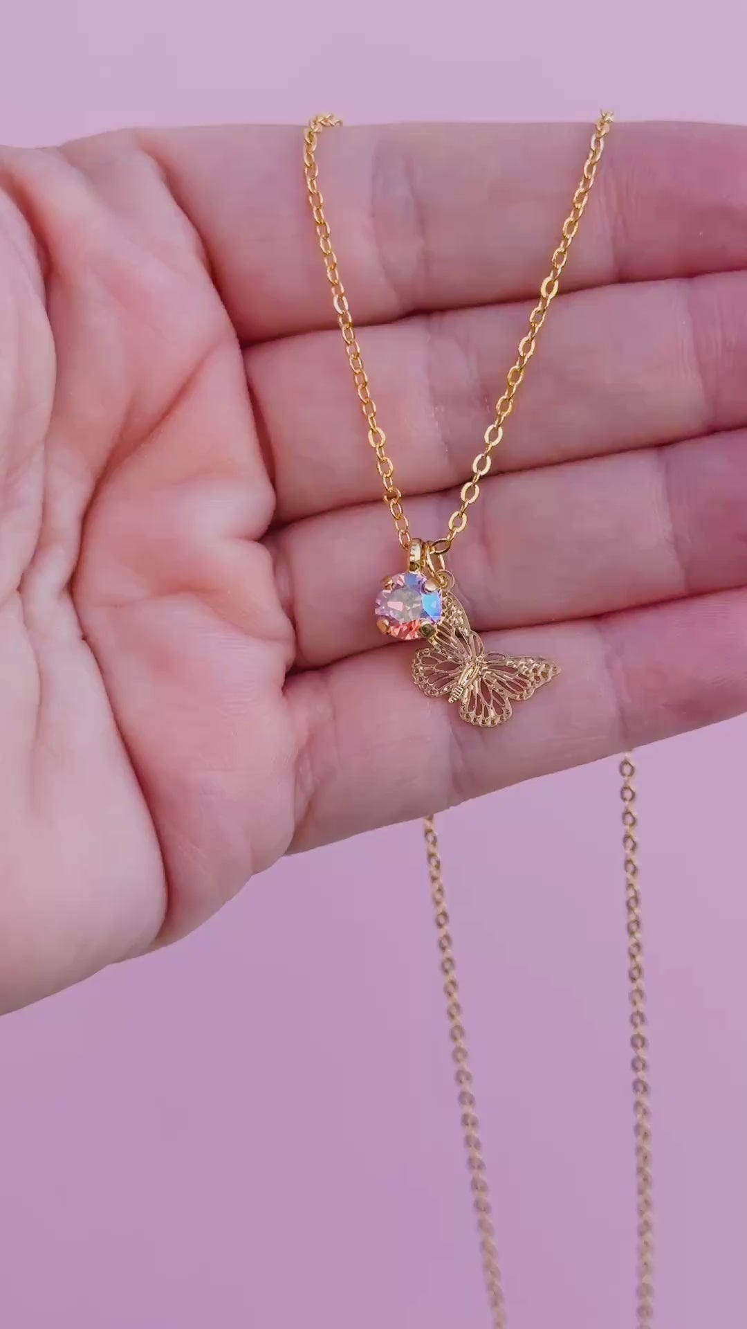 Butterfly Charm Necklace with 6mm Light Pink Shimmer Crystal -select color setting