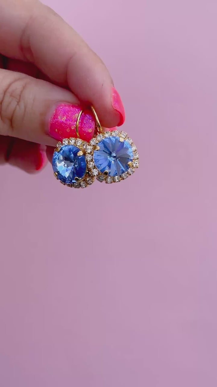 12mm Rivoli Halo Drop Earrings- Light Sapphire