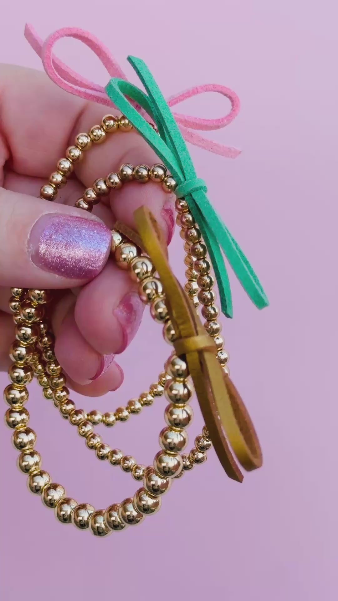 Suede Bow Stretch Beaded Bracelet - Choose setting Color (Pink Goes Good with Green)