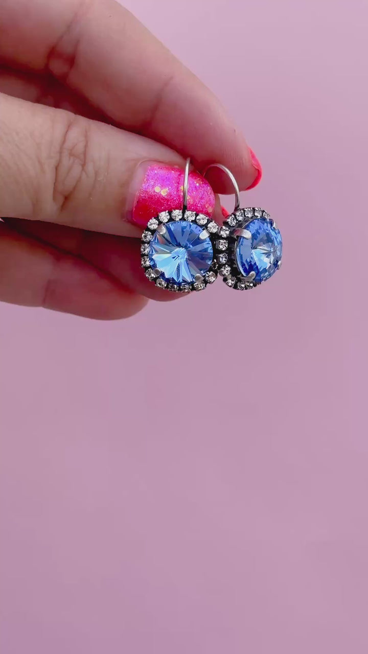 12mm Rivoli Halo Drop Earrings- Light Sapphire