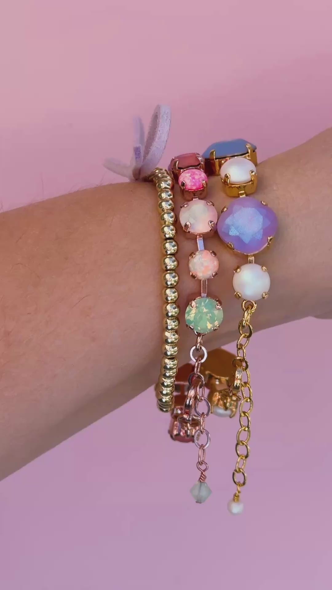 12/8mm Cushion Cut Crystal Bracelet: Imagination Rainbow with Pearls