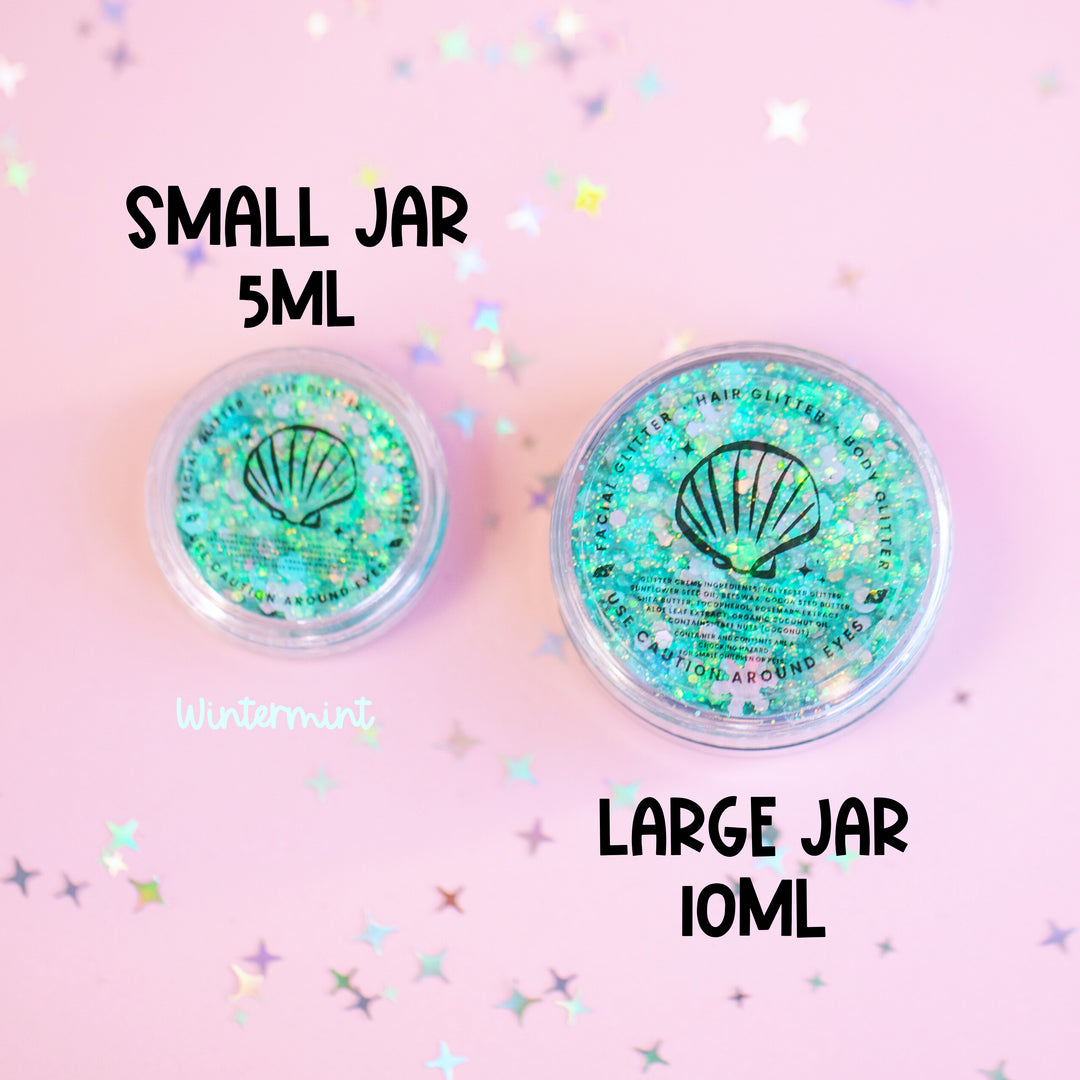 Two glittery jars labeled 'Small Jar 5ML' and 'Large Jar 10ML' on a pink background with star confetti.