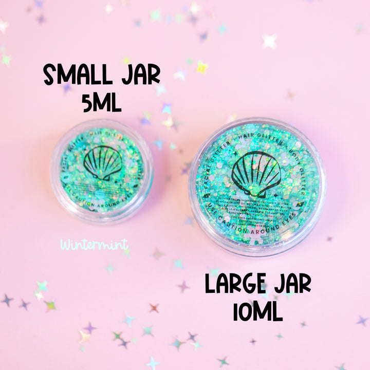 Two glittery jars labeled 'Small Jar 5ML' and 'Large Jar 10ML' on a pink background with star confetti.