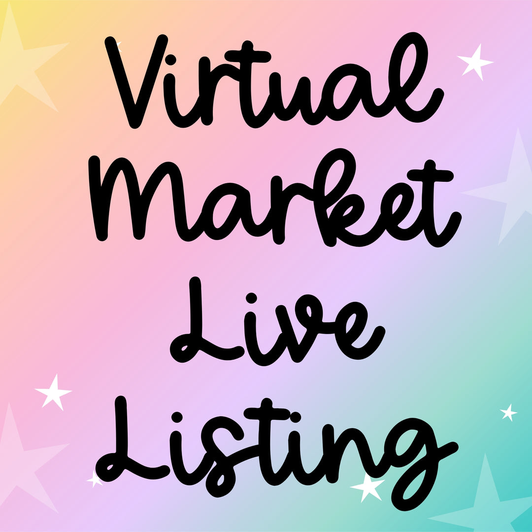 Text 'Virtual Market Live Listing' on a colorful gradient background with star shapes.