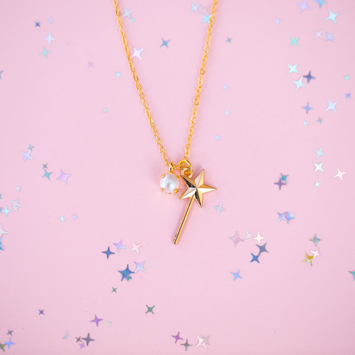 Wand Charm Necklace with 6mm Dreamy Pink Pearl -select color setting